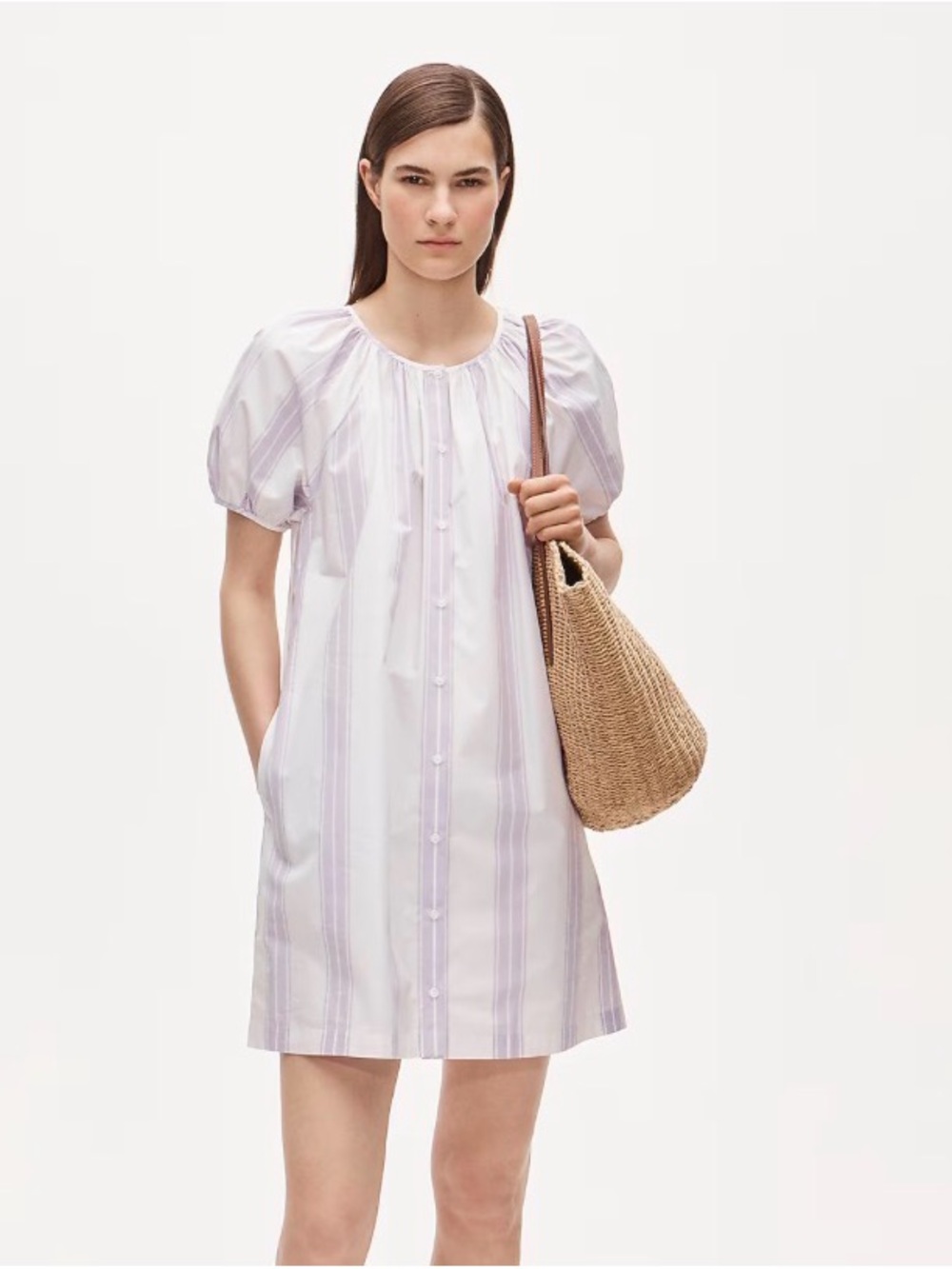 J. Crew Lavender and White Striped Puff-Sleeve Mini Dress